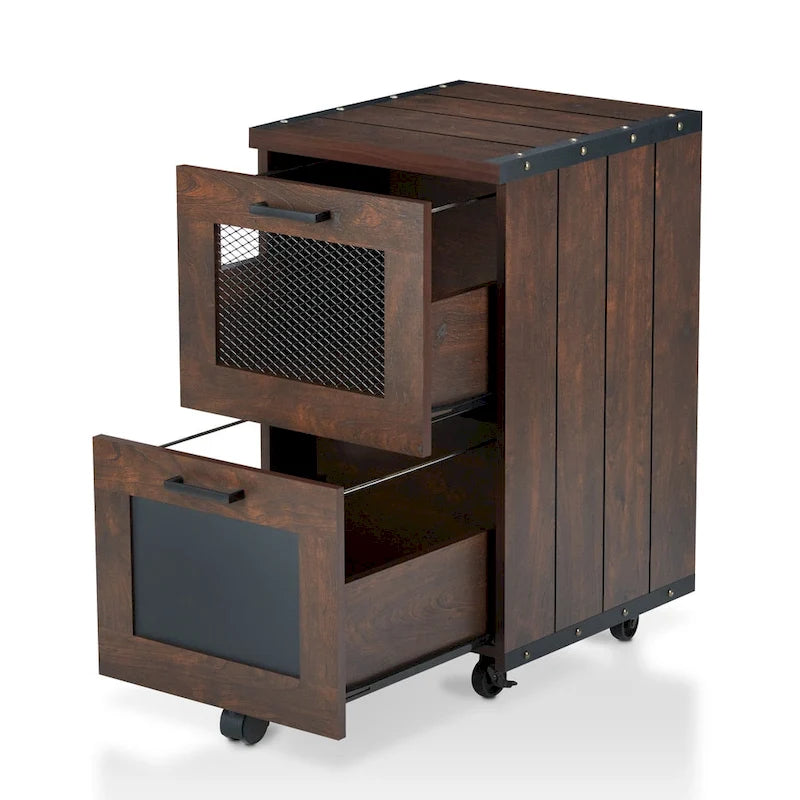 Rustiek walnootkleurig houten archiefkastje met 2 laden op wielen