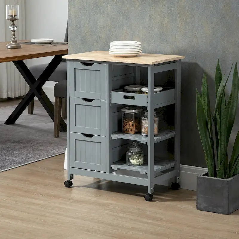 Îlot de cuisine mobile avec plateau en bois, étagères et tiroirs