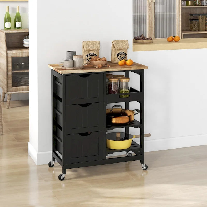 Îlot de cuisine mobile avec plateau en bois, étagères et tiroirs