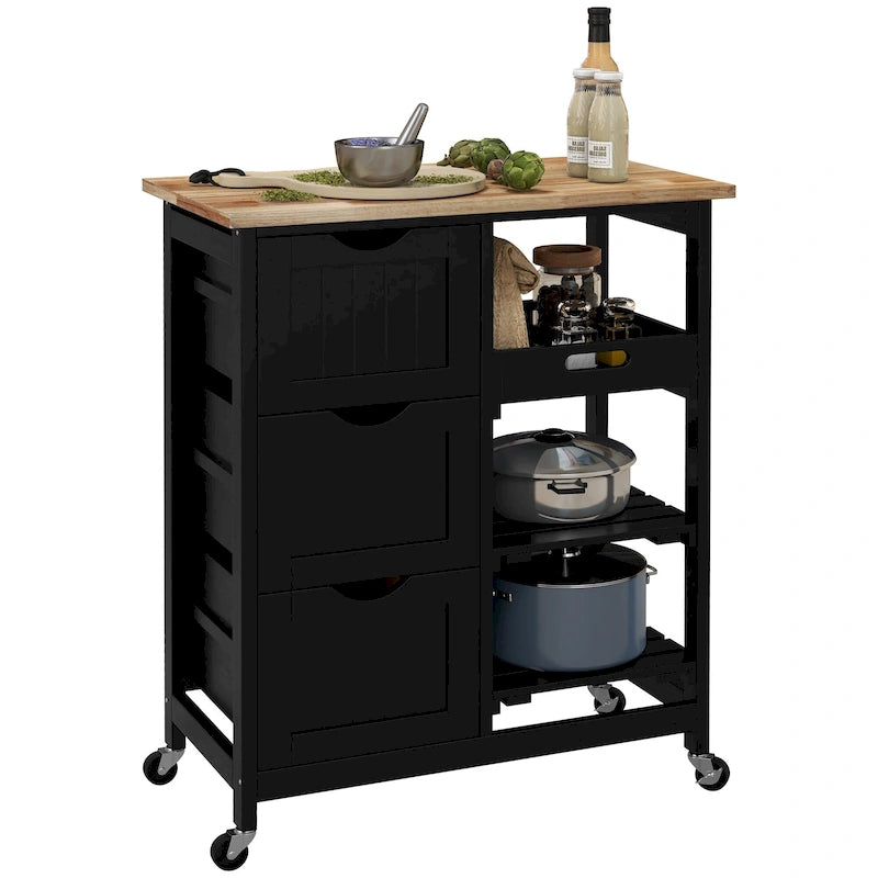 Rolling Kitchen Island Cart with Wood Top, Shelves & Drawers
