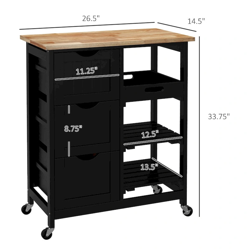 Rolling Kitchen Island Cart with Wood Top, Shelves & Drawers