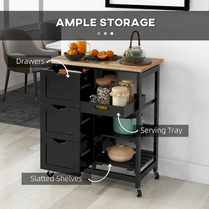 Rolling Kitchen Island Cart with Wood Top, Shelves & Drawers