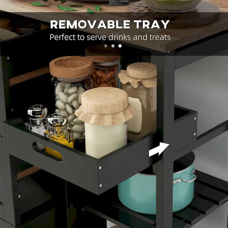 Îlot de cuisine mobile avec plateau en bois, étagères et tiroirs
