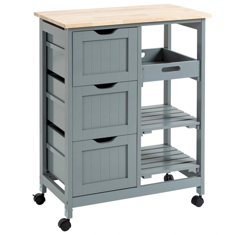 Rolling Kitchen Island Cart with Wood Top, Shelves & Drawers
