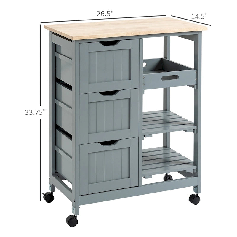 Rolling Kitchen Island Cart with Wood Top, Shelves & Drawers