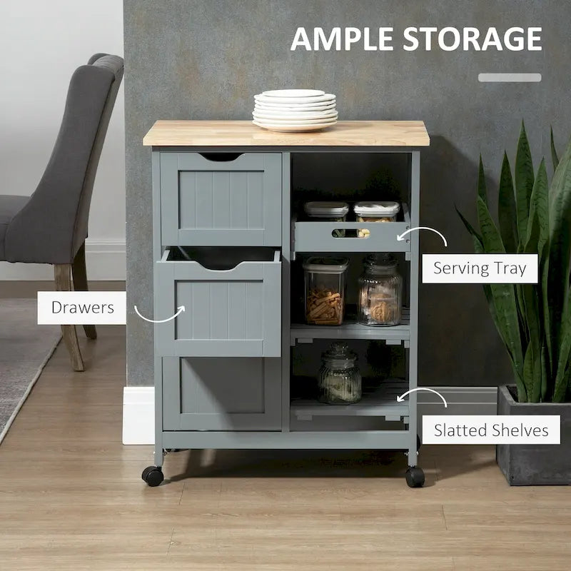 Rolling Kitchen Island Cart with Wood Top, Shelves & Drawers