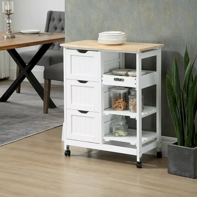 Rolling Kitchen Island Cart with Wood Top, Shelves & Drawers