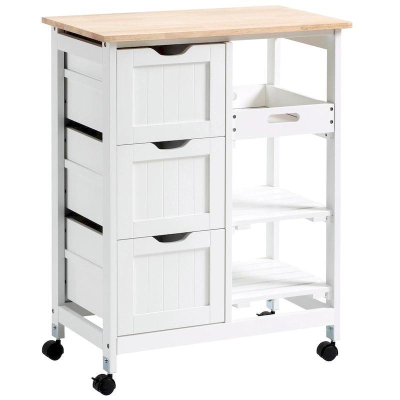 Rolling Kitchen Island Cart with Wood Top, Shelves & Drawers