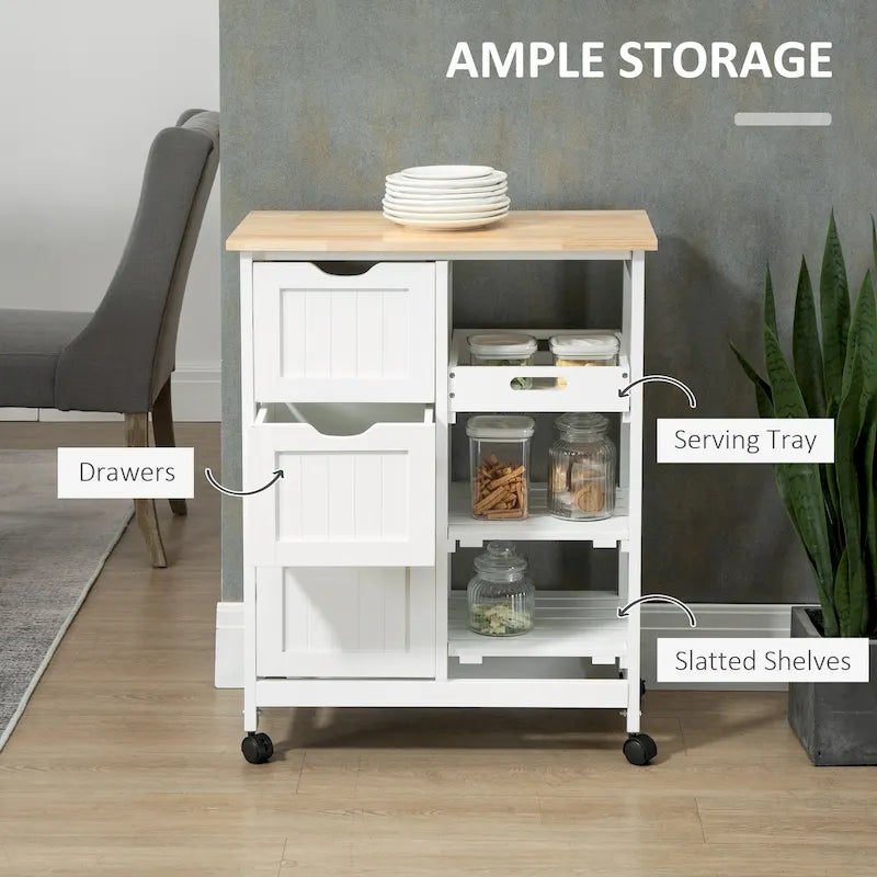 Rolling Kitchen Island Cart with Wood Top, Shelves & Drawers