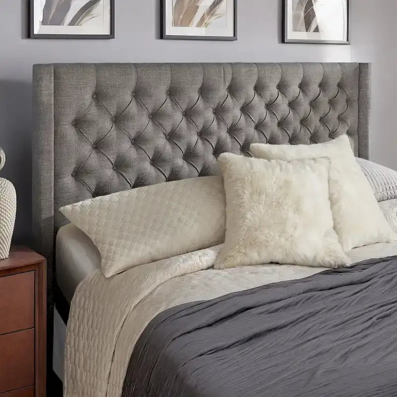 Kopfteil für Kingsize-Bett mit Wingback-Design, Knopfheftung und Leinenbezug