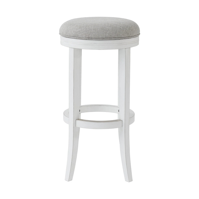 Tabouret de bar pivotant sans dossier en bois blanc avec assise en tissu gris