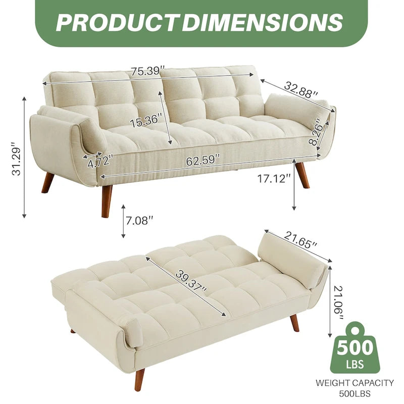Umwandelbares, klappbares Futon-Schlafsofa mit 2 Kissen/Armlehnen