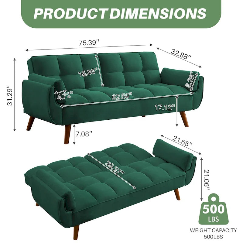 Umwandelbares, klappbares Futon-Schlafsofa mit 2 Kissen/Armlehnen