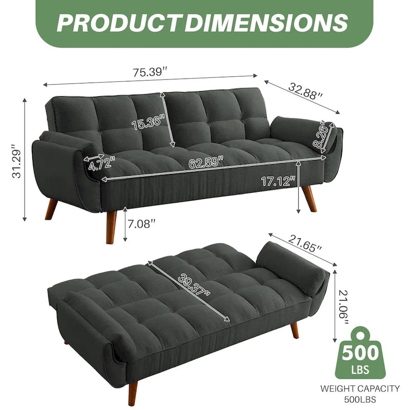 Umwandelbares, klappbares Futon-Schlafsofa mit 2 Kissen/Armlehnen