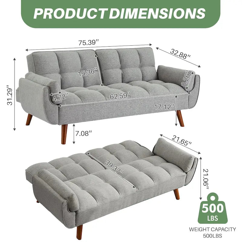 Umwandelbares, klappbares Futon-Schlafsofa mit 2 Kissen/Armlehnen