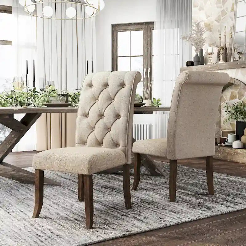 Chaises de salle à manger en tissu capitonné de style rustique et fermier, ensemble de 2