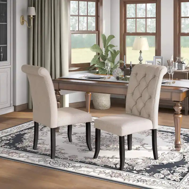 Chaises de salle à manger en tissu capitonné de style rustique et fermier, ensemble de 2