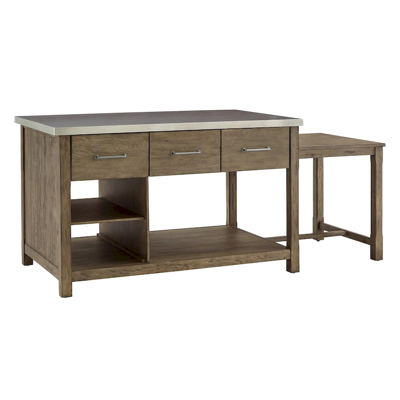 Îlot de cuisine extensible au look bois récupéré avec 3 tiroirs