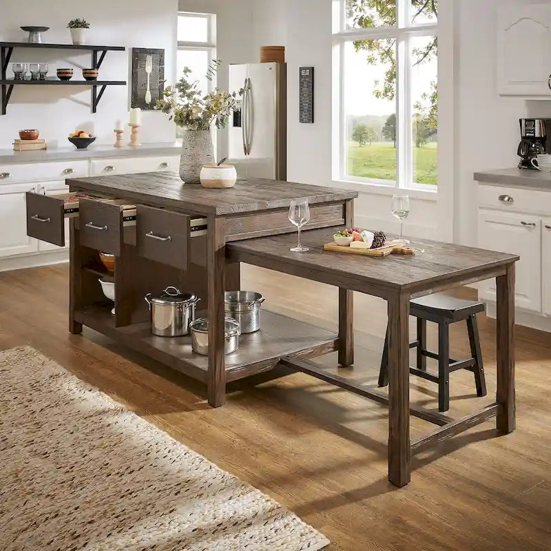 Îlot de cuisine extensible au look bois récupéré avec 3 tiroirs