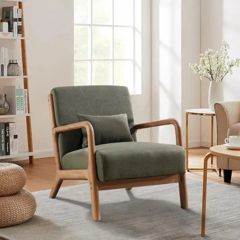 Modern Solid Wood Accent Chair with Wicker Armrests for Living Room