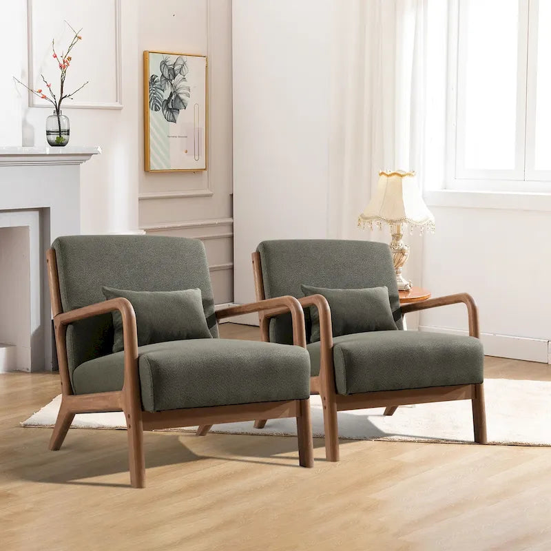 Modern Solid Wood Accent Chair with Wicker Armrests for Living Room