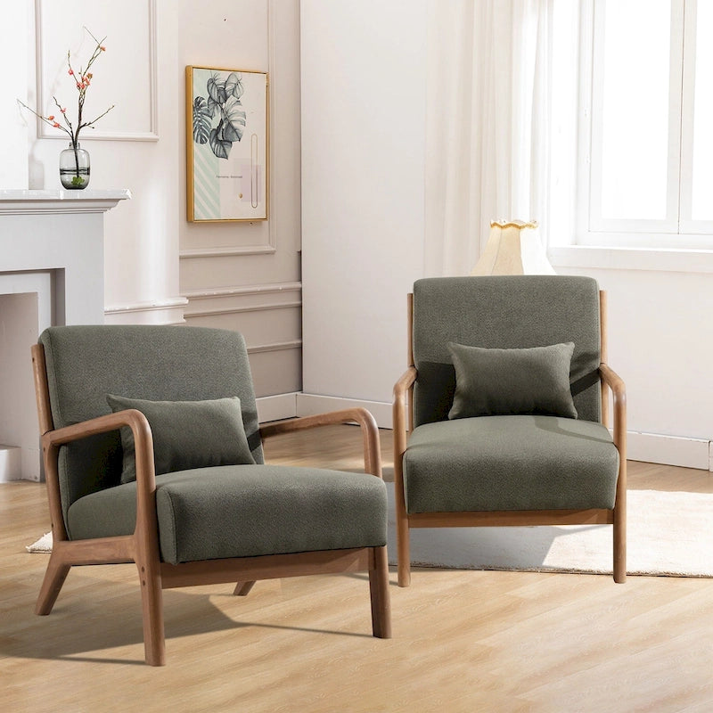Modern Solid Wood Accent Chair with Wicker Armrests for Living Room