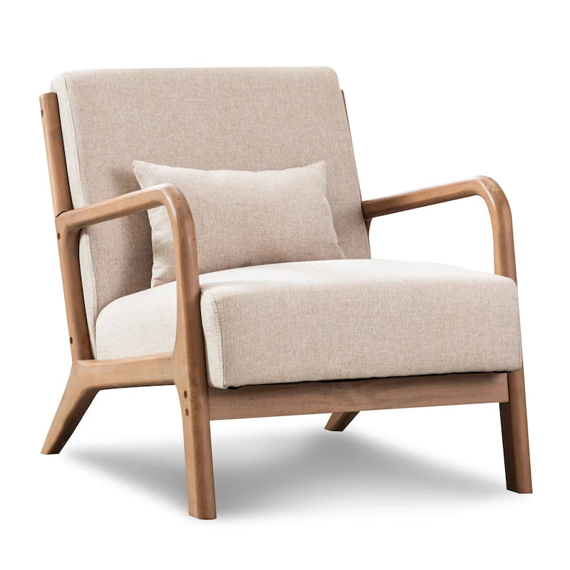 Moderne accentstoel van massief hout met armleuningen van vlechtwerk voor de woonkamer