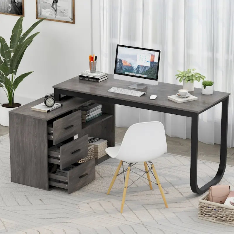 L-shaped executive desk With 3 Drawers for Home and Office