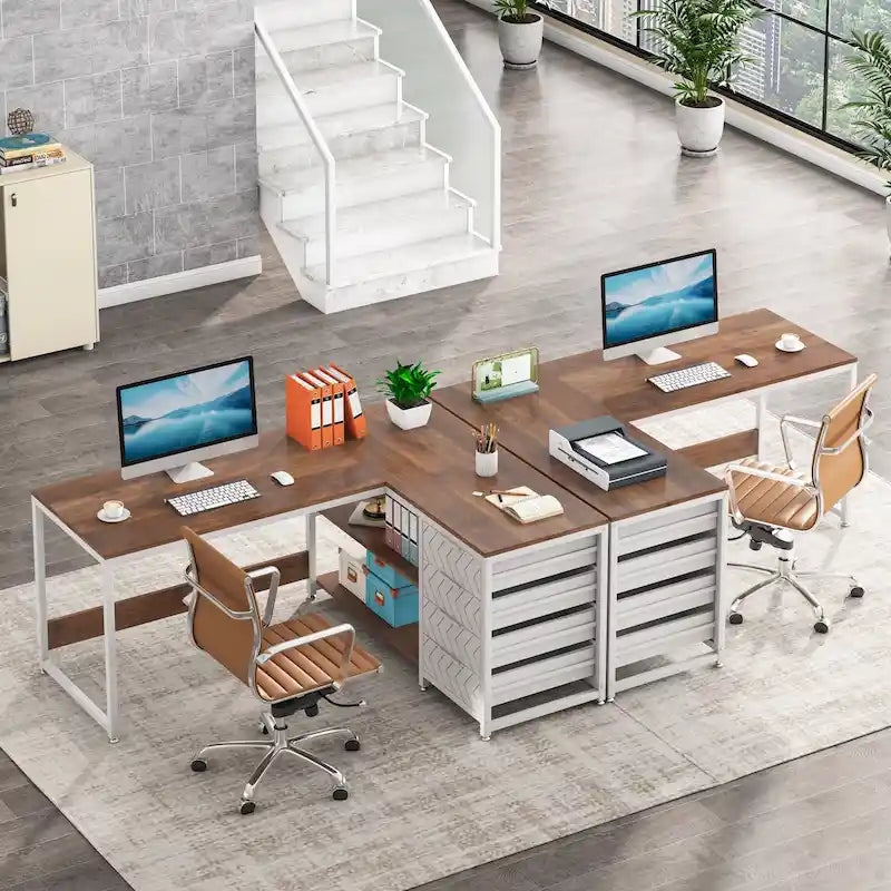 Reversible L-Shaped Office Desk with Drawers and Shelves