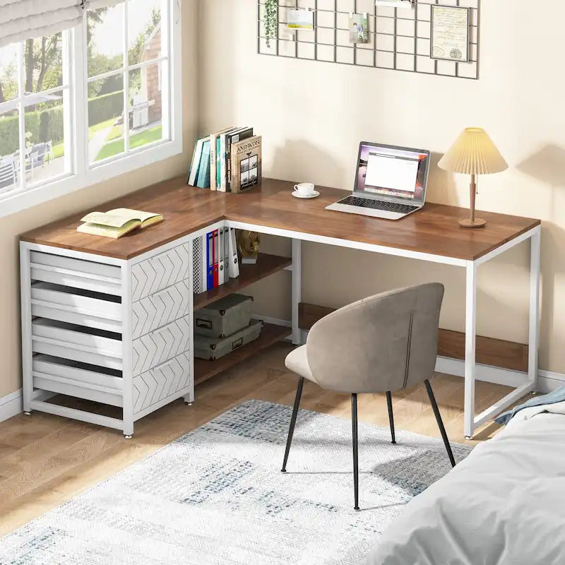 Reversible L-Shaped Office Desk with Drawers and Shelves