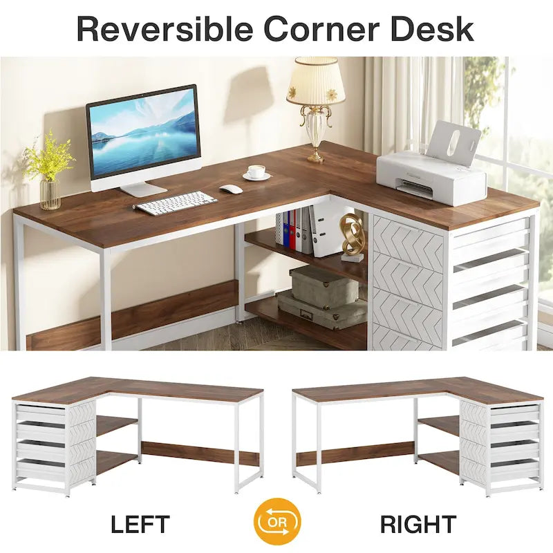Reversible L-Shaped Office Desk with Drawers and Shelves