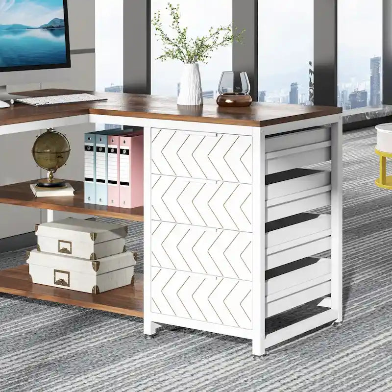 Reversible L-Shaped Office Desk with Drawers and Shelves