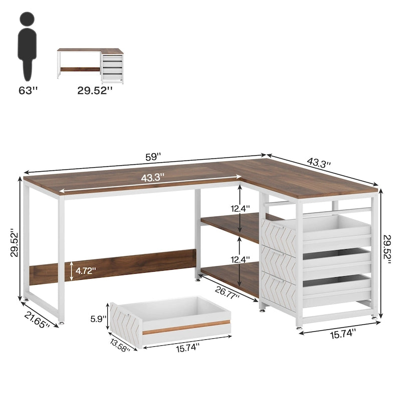 Reversible L-Shaped Office Desk with Drawers and Shelves