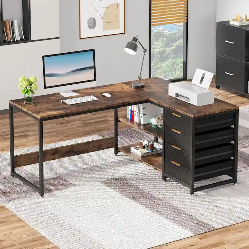 Reversible L-Shaped Office Desk with Drawers and Shelves