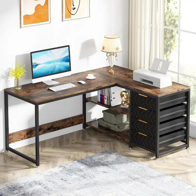Reversible L-Shaped Office Desk with Drawers and Shelves
