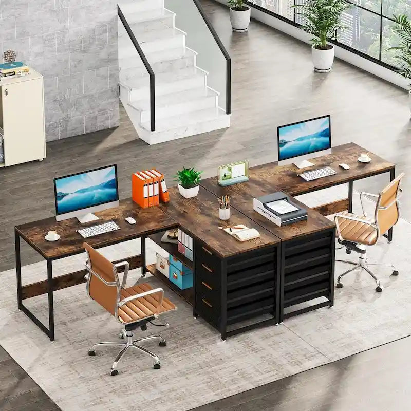 Reversible L-Shaped Office Desk with Drawers and Shelves
