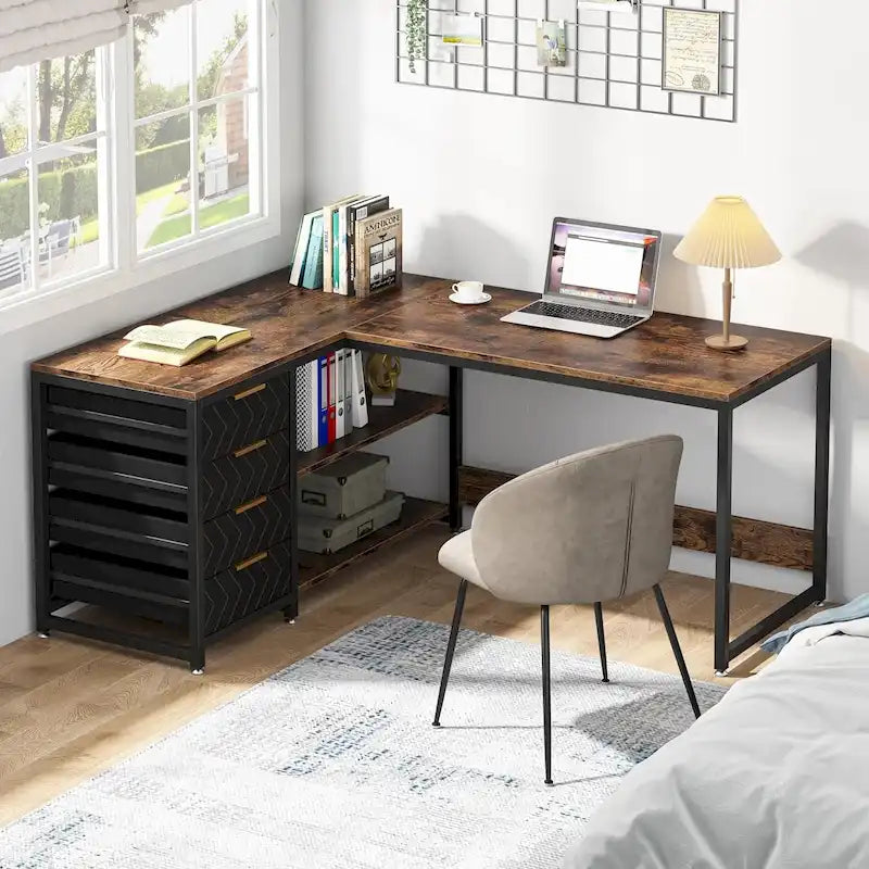 Reversible L-Shaped Office Desk with Drawers and Shelves