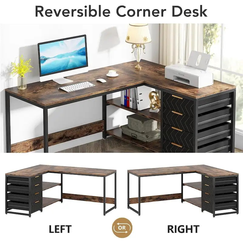 Reversible L-Shaped Office Desk with Drawers and Shelves
