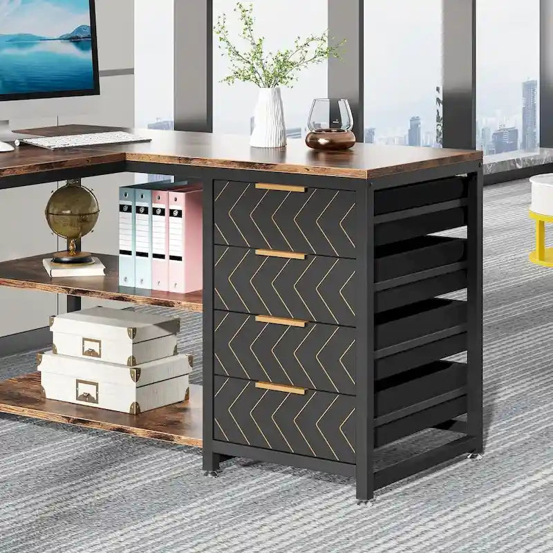 Reversible L-Shaped Office Desk with Drawers and Shelves