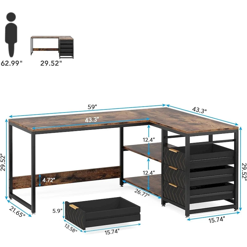 Reversible L-Shaped Office Desk with Drawers and Shelves