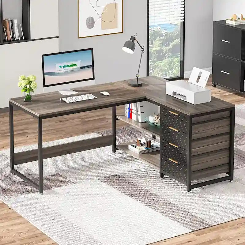 Reversible L-Shaped Office Desk with Drawers and Shelves