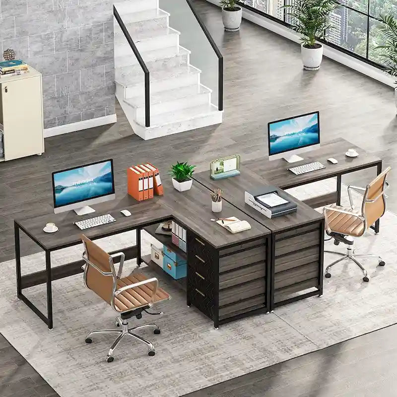 Reversible L-Shaped Office Desk with Drawers and Shelves