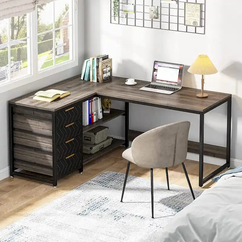 Reversible L-Shaped Office Desk with Drawers and Shelves