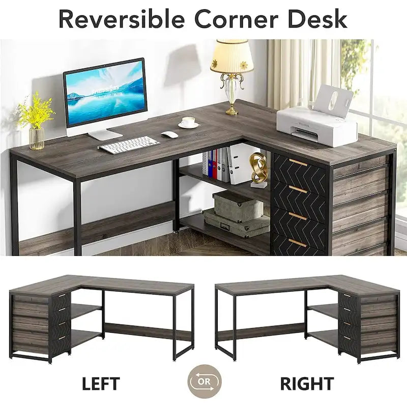 Reversible L-Shaped Office Desk with Drawers and Shelves