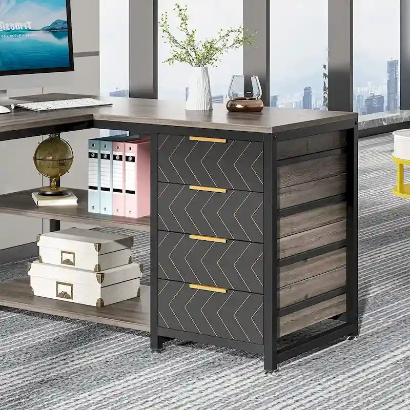 Reversible L-Shaped Office Desk with Drawers and Shelves