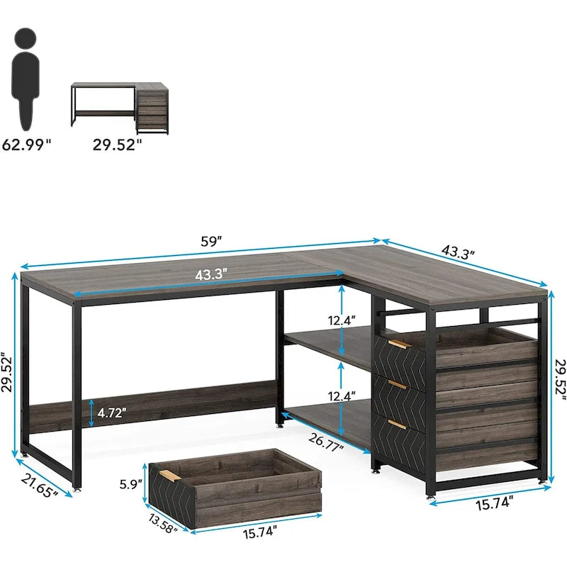 Reversible L-Shaped Office Desk with Drawers and Shelves