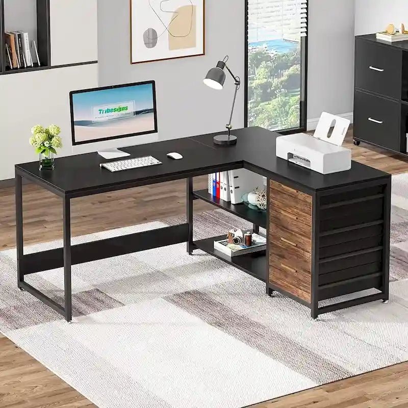 Reversible L-Shaped Office Desk with Drawers and Shelves