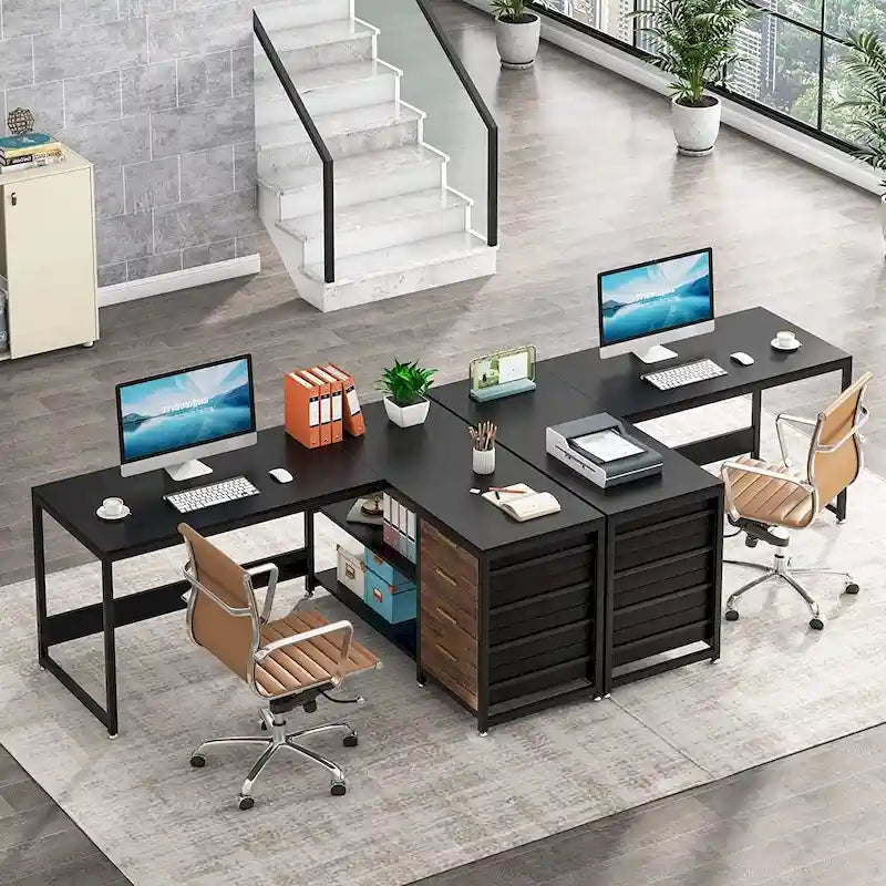 Reversible L-Shaped Office Desk with Drawers and Shelves