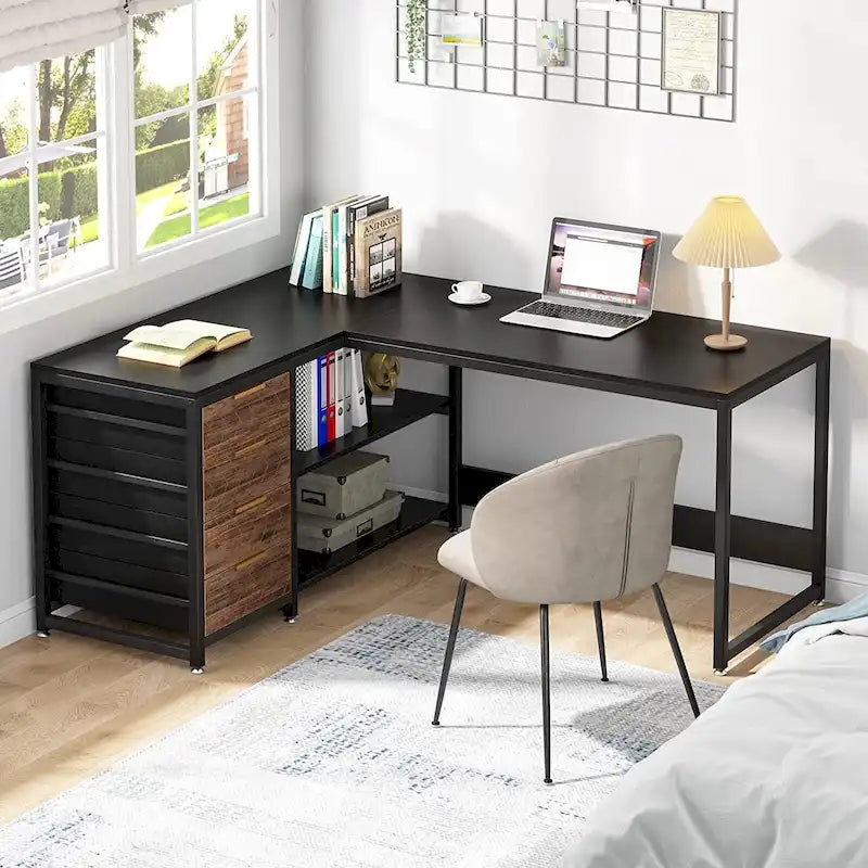 Reversible L-Shaped Office Desk with Drawers and Shelves