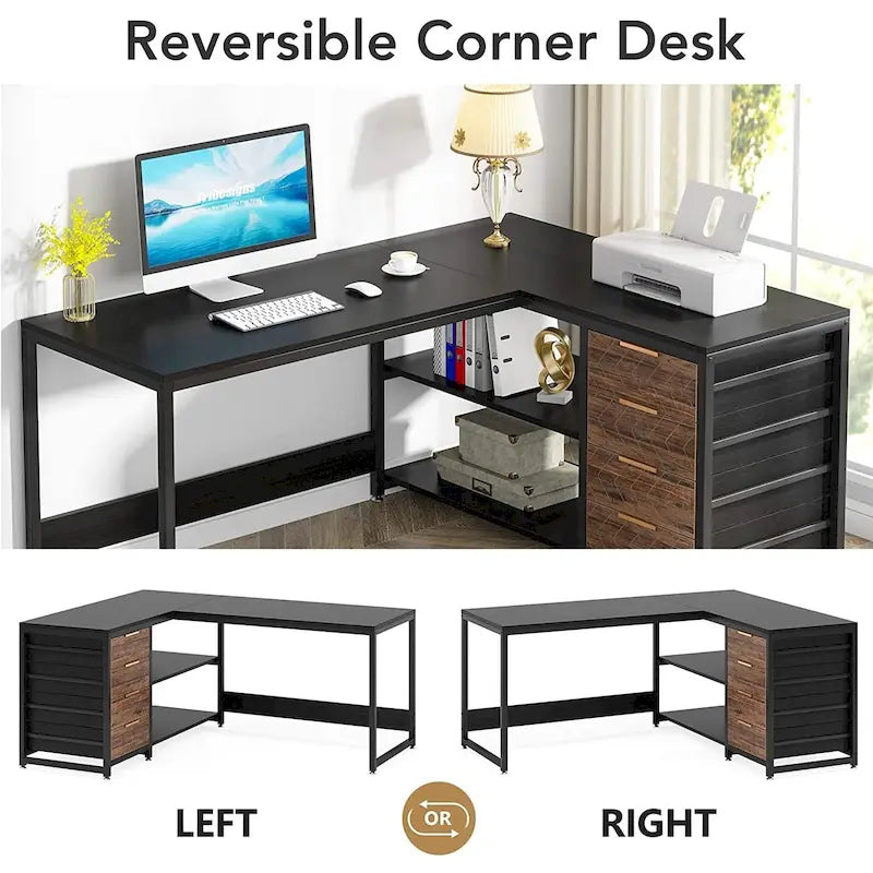 Reversible L-Shaped Office Desk with Drawers and Shelves